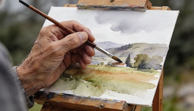 Senior artist painting watercolor landscape outdoors hand holding brush on easel