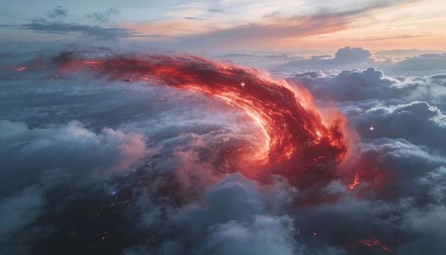 Spiraling Fiery Vortex Arcing Through High-Altitude Clouds at Sunset, Surreal Plasma Storm