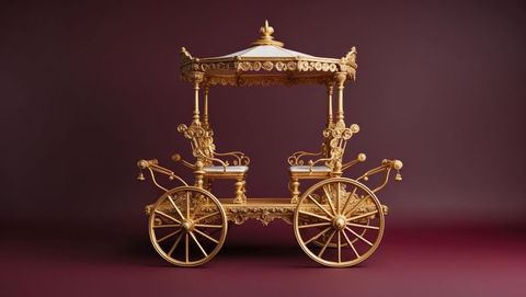 Ornate Golden Carriage with Decorative Canopy and Spoked Wheels