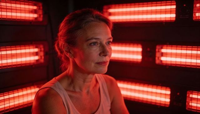 Mature woman relaxing in red light therapy booth surrounded by led panel warm glow for wellness