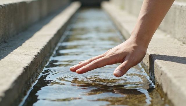 Hand Skimming Sunlit Water Channel Creating Ripples on Concrete Ledge and Reflections