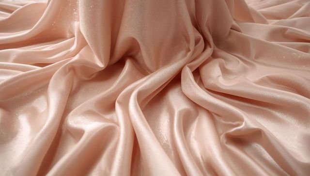 Pale peach satin fabric flowing and shimmering with fine glitter specks