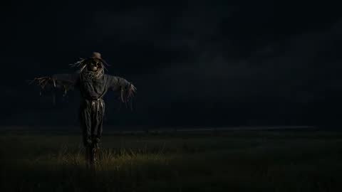 Dramatic Lightning Strikes Illuminating Scarecrow in Field
