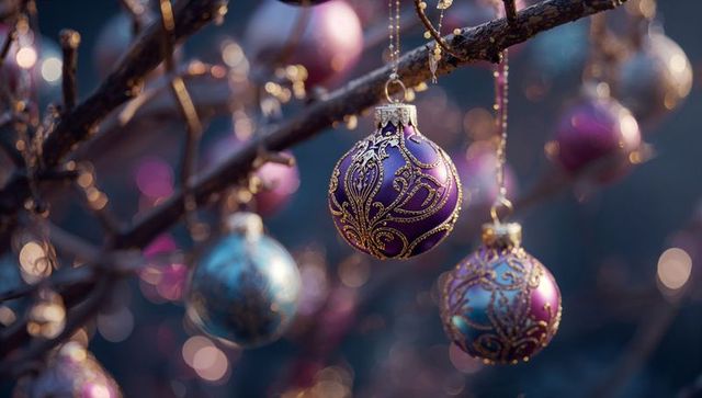 Elegant Purple and Teal Christmas Baubles on Bare Branches