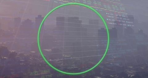 Digital Finance Circular Chart on Hazy Urban Skyline