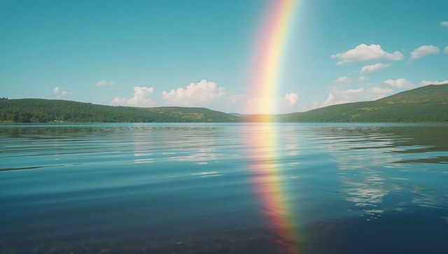 Rainbow reflections on a tranquil lake
