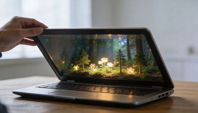 Laptop revealing miniature glowing forest diorama with illuminated flowers and trees