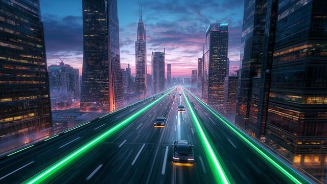 Futuristic autonomous cars on neon-lit highway at dusk