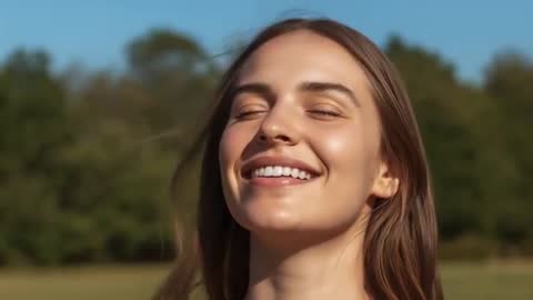 Woman basking in warm sunlight, closing then opening eyes and smiling while turning head