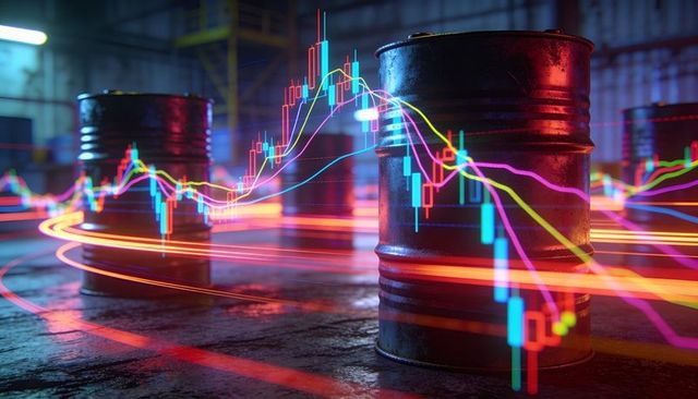 Neon oil barrels with candlestick charts and light trails showing commodity volatility
