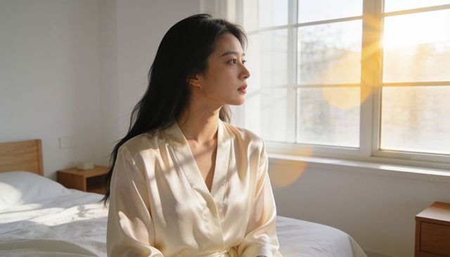 Asian woman wearing cream satin robe gazing through sunlit window in minimalist bedroom