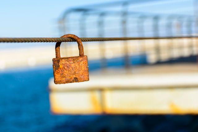 Rusty Padlock Hanging on Metal Cable with Ocean View - Download Free Stock Photos Pikwizard.com