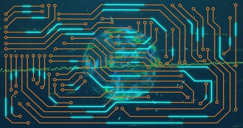 Global cybernetic data network connecting teal circuits and orange nodes on neon earth grid