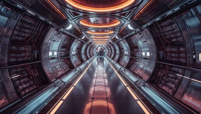 Futuristic Space Corridor with Vibrant Orange Lights