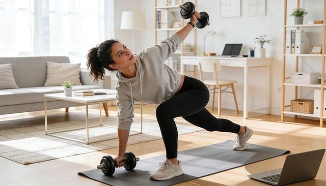 Active woman performing dumbbell lunge during home workout with laptop guidance