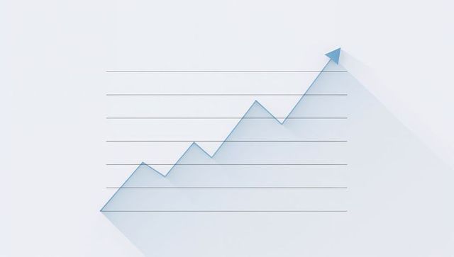 Minimalist blue zigzag growth chart with arrowhead and long shadow on pale gridlines