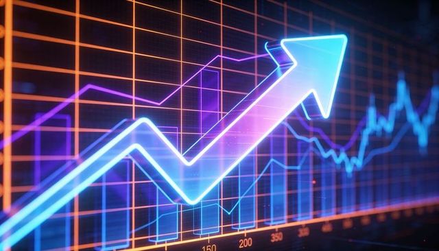 Glowing neon upward arrow over data grid showing market growth, analytics, forecasting