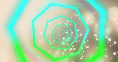 Rotating neon polygon tunnel with glowing bokeh and pastel gradient vortex for futuristic tech media