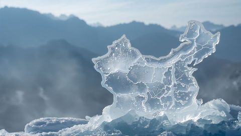 Translucent ice sculpture of china map against glacial background