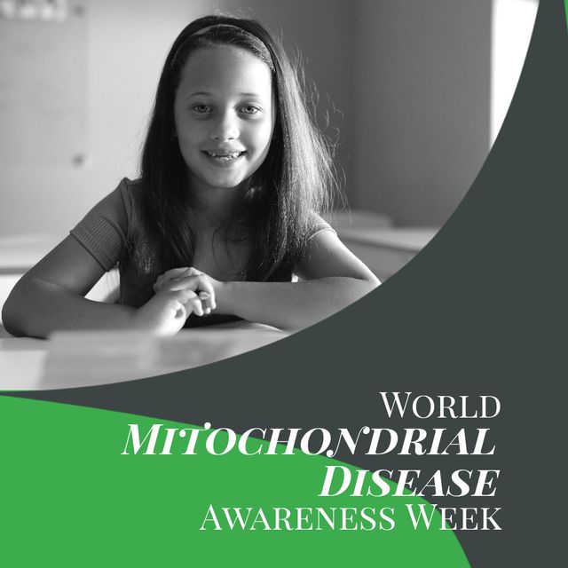 Digital portrait of smiling caucasian girl with world mitochondrial disease awareness week text. Copy space, digital composite, educate, increase awareness of mitochondrial disease, support.