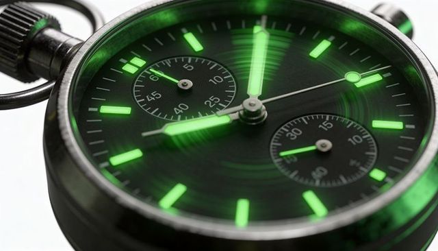 Stainless steel stopwatch with neon green lume close-up macro of chronograph dial