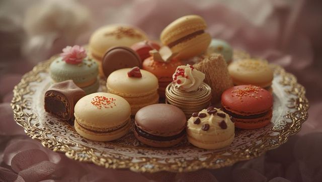 Elegant Display of Assorted Macarons on Ornate Platter