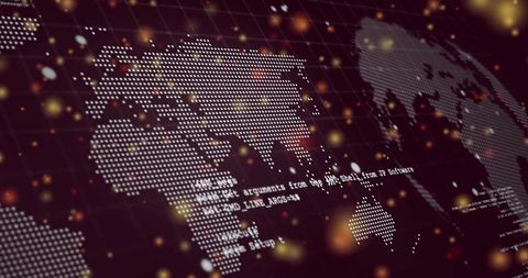 Holographic World Map with Terminal Code Overlay, Neon Data Particles and Cyber Grid Layer