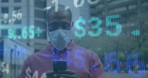 Man in Mask Analyzing Stock Market Data on Smartphone