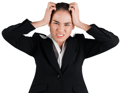 Transparent frustrated businesswoman in black suit holding head