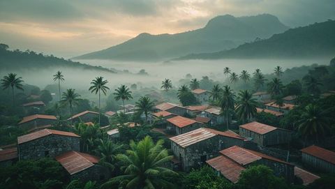 Idyllic haiti village landscape with lush palms and misty mountains at dawn
