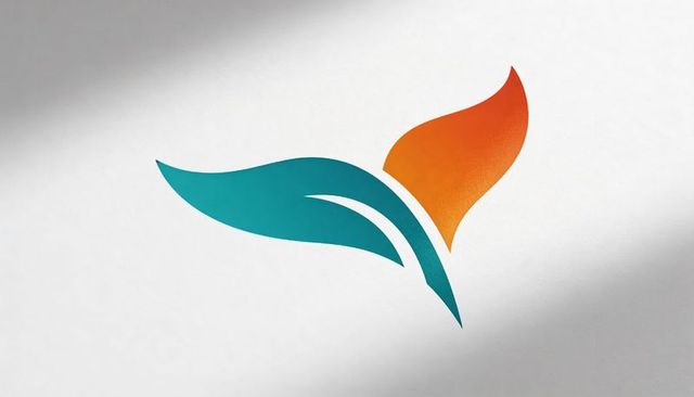 Teal and orange minimalist abstract logo emblem on textured paper with subtle emboss