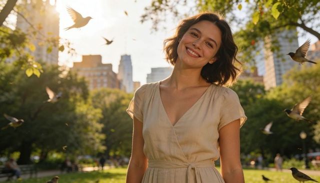 Smiling woman standing in sunlit city park with birds flying, golden hour backlit portrait