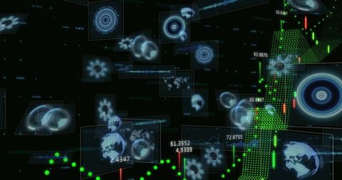 Holographic Financial Dashboard with Floating Map Panels and Green Candlestick Analytics