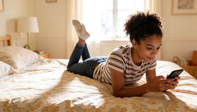 Teenager lying on bed scrolling smartphone wearing striped tee and jeans in sunlit cozy bedroom