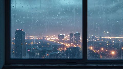 Raindrop-covered Window with City Skyline View during Dusk