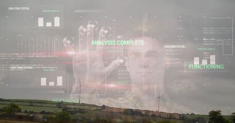 Man Interacting with Holographic Data in Rural Wind Farm Setting