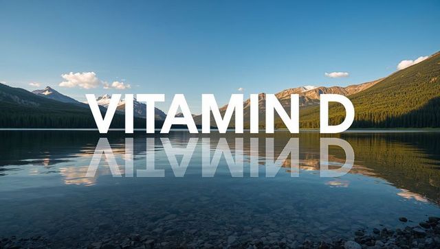 VITAMIN D lettering reflecting on alpine lake with mountain range and pine forest