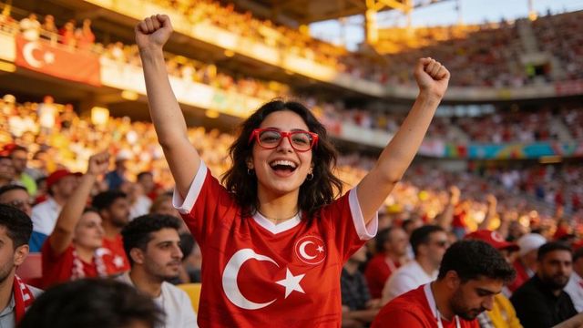 Cheering turkish fan in red crescent star jersey raising fists at stadium celebration