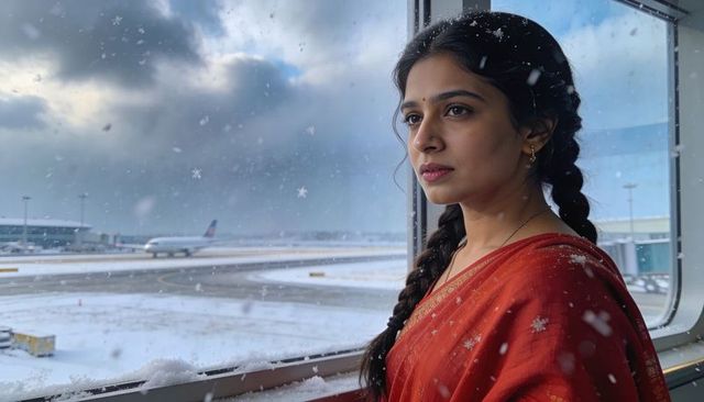 South asian woman in red sari watching snowy runway through airport gate window