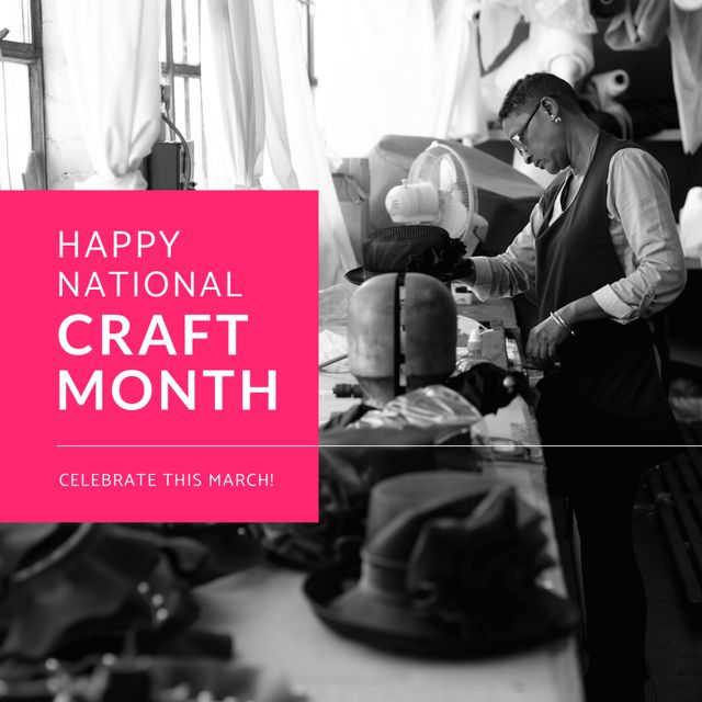 Composition of national craft month text over female tailor in workshop. National craft month, craftsmanship and small business concept.