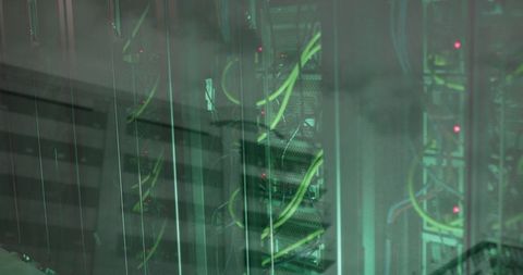 Modern Data Center Server Racks with Neon Green Cables and LEDs