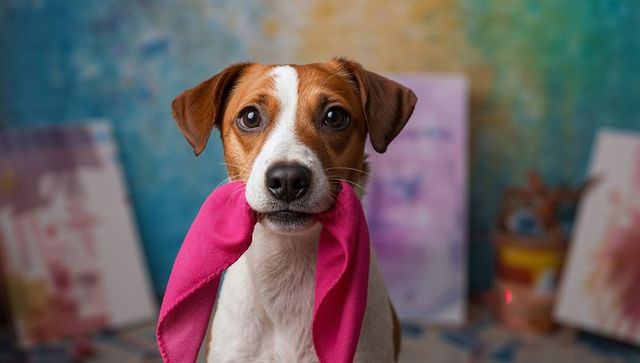 Adorable dog holding pink cloth in artistic studio