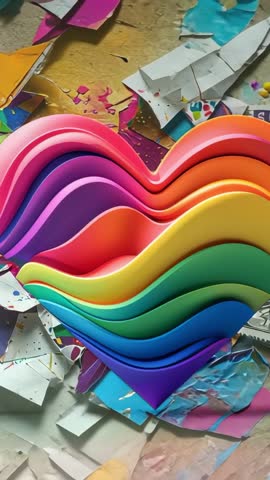 Revealing rainbow layered heart peeling paper and foil from textured desk vertical video