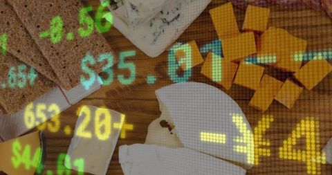 Artisanal cheese platter blending rustic charcuterie with stock market led data overlay