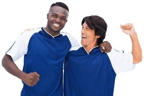 Happy Football Players Cheering in Blue Jerseys on Transparent Background
