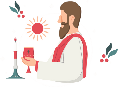 Clergy figure offering chalice with spiritual symbols and transparent background