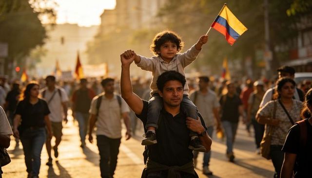Child waving colombian flag on father's shoulders during sunset street protest march