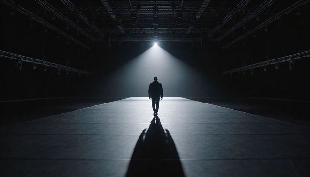 Solitary figure walking illuminated runway beneath dramatic spotlight and stage rigging