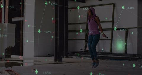 Active Woman Skipping with Digital Data Overlay