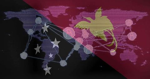 Global cyber network overlaying papua new guinea flag with golden bird of paradise and nodes